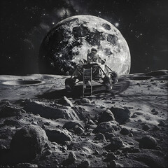 Historic Representation of Moon Landing Moment with Lunar Landscape and Earth in Horizon