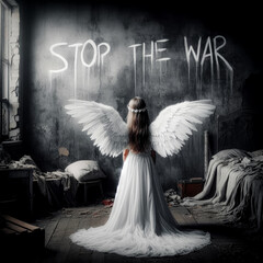 A girl angel in a destroyed room, holding a piece of paper in front of her with stop the war written on it. AI, Generation