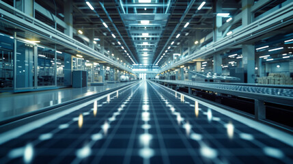 A solar panel manufacturing facility with rows of automated production lines, temporarily paused but ready to produce clean energy solutions