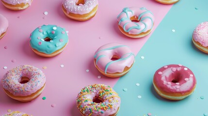 Fototapeta na wymiar Assorted frosted donuts with colorful toppings on a split pink and blue background. Flat lay with dynamic composition. Sweet celebration concept for poster design