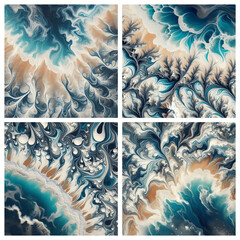 four squares of aerial views of ocean waves at the shoreline in blue, white and tan