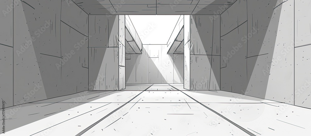Poster a monochrome drawing of a tunnel with symmetrical lines, tints and shades, leading to a light at the