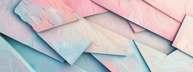 A textured background made of overlapping geometric shapes in pastel tones.