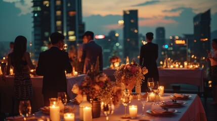 A romantic outdoor roof top dining setting as the sun sets, with guests enjoying the ambiance of warm candlelight and city views. Birthday, corporate party celebration.