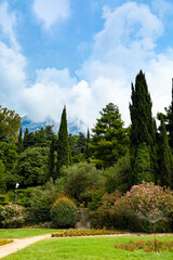 Fototapeta na wymiar View of the garden and blue sky with mountains