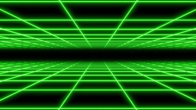 4K Double Parallax Retro Abstract VJ Motion Background Loop Inspired by 1980's: Infinite Flight Over Glowing Neon Square Grid Changing Color, 3D Abstract 1980's Retrowave Cyberpunk Neon Background