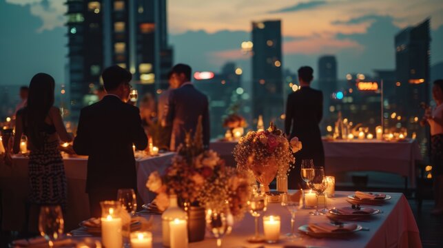 A romantic outdoor roof top dining setting as the sun sets, with guests enjoying the ambiance of warm candlelight and city views. Birthday, corporate party celebration.