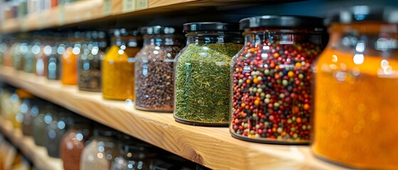 Colorful Array of Spices on Store Shelf, Inviting Culinary Exploration. Concept Culinary Delights, Spice Market, Cooking Inspiration, Vibrant Flavors, Food Exploration