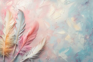 A high-angle shot displaying a variety of delicate feathers with soft pastel hues arranged over a textured turquoise surface with gentle pink splatters...