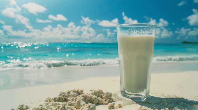 Glass of milk on tropical beach with vibrant ocean backdrop. Summer refreshment concept. Photographic image for design for food and beverage advertising, travel brochure, or health poster