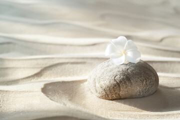 Fototapeta na wymiar Zen Spa Stone and White Flower Background with Copy Space