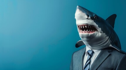 Great white shark in a business suit. Humorous and creative concept for design for advertising, humorous prints, and novel presentation ideas - obrazy, fototapety, plakaty