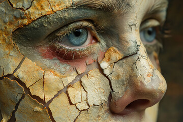 Close-up of woman's face with cracks of a ground surface, dryness concept