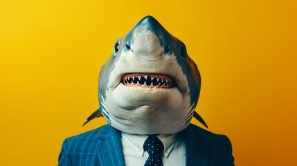 Picture a whimsically smiling great white shark dressed in a sharp business suit set against a vibrant yellow backdrop - obrazy, fototapety, plakaty