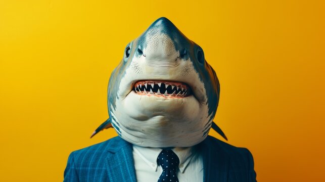 Picture a whimsically smiling great white shark dressed in a sharp business suit set against a vibrant yellow backdrop