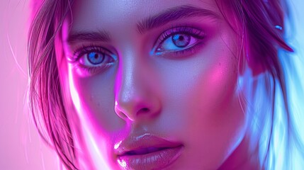 Beautiful woman with creative colorful makeup. Girl with vivid face art in luxurious shades. Fashion or cosmetics concept. Illustration for cover, postcard, interior design or print. - obrazy, fototapety, plakaty