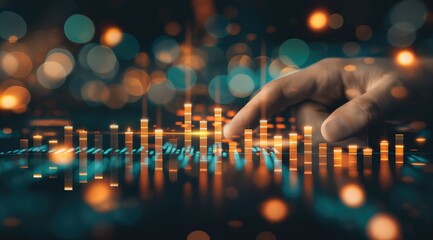Close-up of a hand interacting with a virtual financial growth chart.