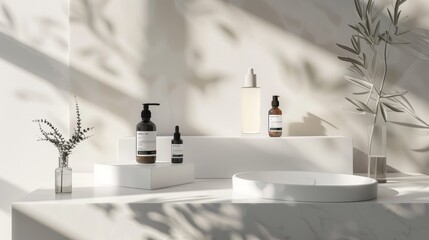 Skincare bottles and olive branch in a serene setting with natural shadows. Wellness and natural beauty concept. Elegant product display with marble background