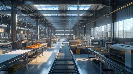 Fototapeta premium A food packaging facility with conveyor belts and automated packaging machines, momentarily still but ready to package products efficiently