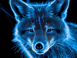 Fototapeta premium Close-up of a fox's muzzle in grid style. Polygonal computerized image of the beast. Facial recognition grid on a live subject. Illustration for cover, card, postcard, poster, brochure or presentation