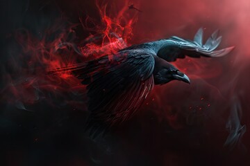 A raven flying in the dark, smoke and red light coming out of its wings. AI generated illustration - obrazy, fototapety, plakaty