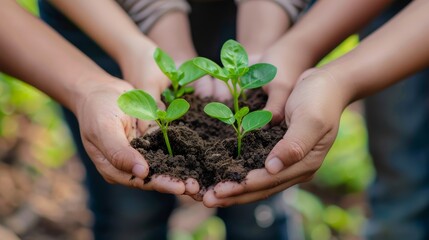 Hands holding young plants with soil, symbolizing growth and eco-friendliness. Concept of gardening, sustainability, and environmental care
