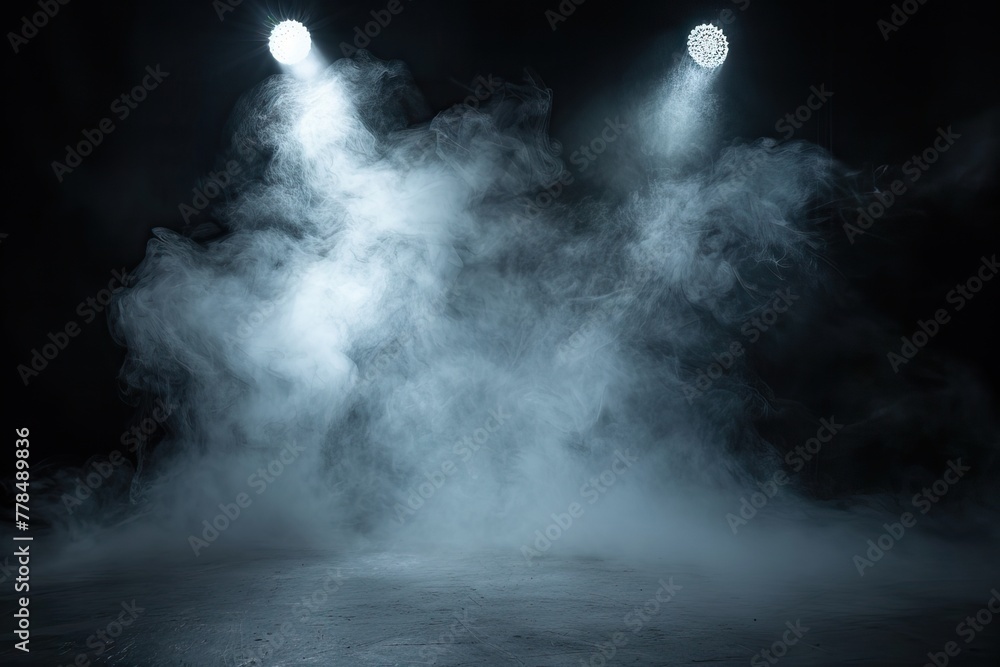 Wall mural Spot light interior. Realistic directed light streams, illuminated fog, theatre scene or concert club searchlights beams, cold temperature rays. AI generated illustration