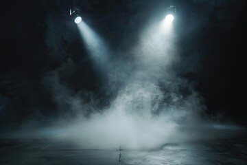 Spot light interior. Realistic directed light streams, illuminated fog, theatre scene or concert club searchlights beams, cold temperature rays. AI generated illustration