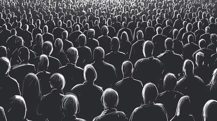 The black and white drawing shows a crowd of people and we can only see their backs. The concept of depersonalization of the masses, as all people are gray and stand densely in space. Illustration. - obrazy, fototapety, plakaty