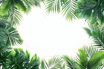 Tropical Frame with Green Palm Leaves and Branches Isolated on White, Nature Border Illustration
