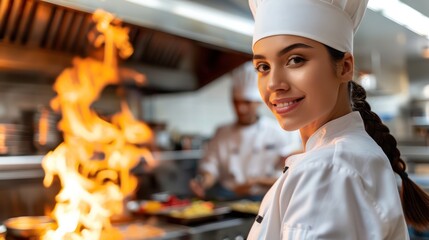 Flame-Grilled Flair - chef preparing food in restaurant - Chef with a bright smile in front of dramatic kitchen flames.
