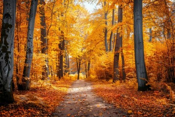 Vibrant Autumn Forest Landscape with Golden Foliage, Colorful Fall Season