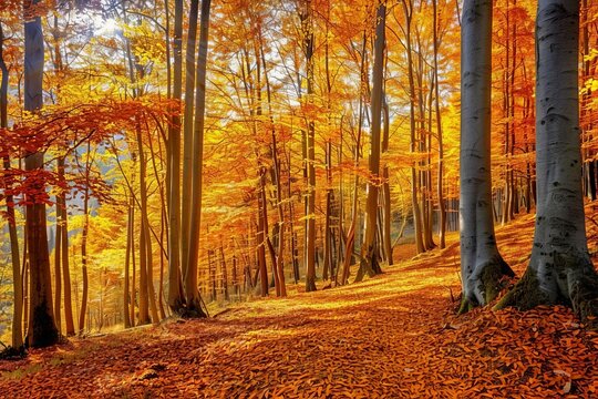 Vibrant Autumn Forest Landscape with Golden Foliage, Colorful Fall Season