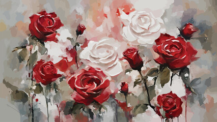 Abstract painting of roses with red and white garden background