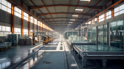 Obraz premium A glass manufacturing plant with furnaces and molds, temporarily at rest but ready to shape molten glass into various products