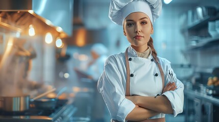 Masterful Chef in Modern Kitchen - Confident female chef stands proudly in a state-of-the-art kitchen.