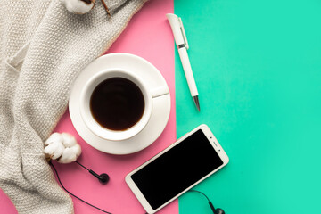 Flat lay photo with coffee cup and mockup phone. Office concept