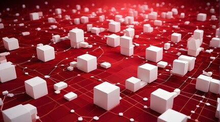abstract technology network featuring white cubes functioning as hubs and connections on a background of red gradient - connection - handling of data