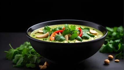 creamy green curry bowl isolated on a black background, showing a variety of healthful vegetarian dishes