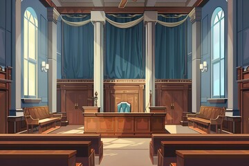 Empty Courtroom with Judge's Bench and Jury Box, Legal Advertisement Template - obrazy, fototapety, plakaty