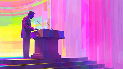 Public speaking by a man in a business suit. A speaker, event host, politician speaking from a podium, or lecturer during a speech. Speaker. Illustration in the style of a painted picture. - obrazy, fototapety, plakaty
