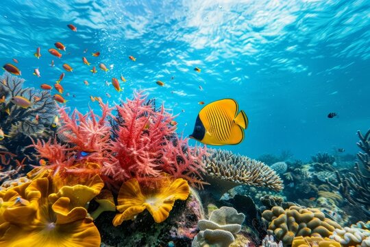 Colorful Underwater Seascape with Coral Reef and Tropical Fish, Ocean Life