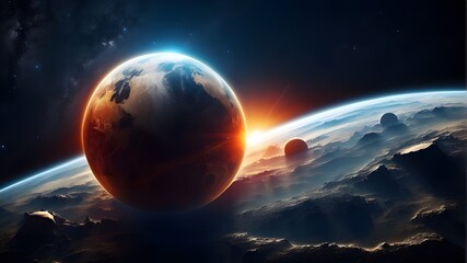Moon, Earth, and the brilliant sun are depicted in this concept of a lunar eclipse in space.