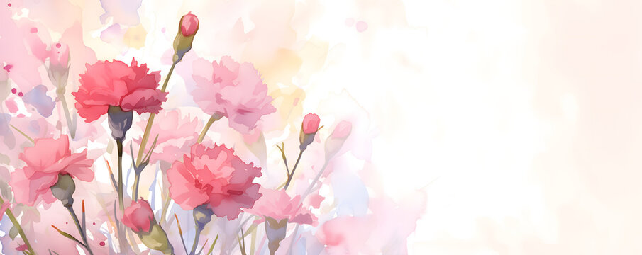 Pink carnation flowers watercolor style illustration over white backdrop for a Mother's Day greeting card