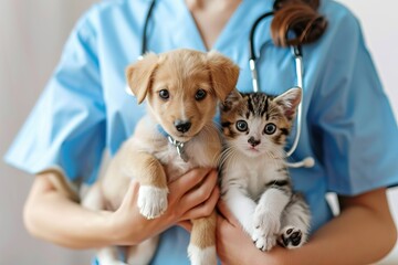 female veterinarian holding cat and dog in hands. Hospital background. AI generated illustration