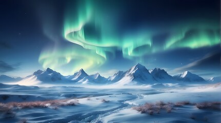 Scenery of winter with aurora lights. Copy-space with a background of blue skies. - obrazy, fototapety, plakaty