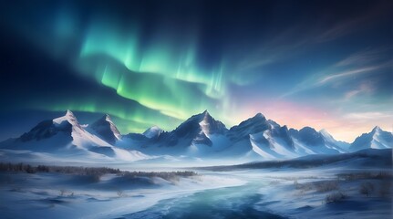 Scenery of winter with aurora lights. Copy-space with a background of blue skies. - obrazy, fototapety, plakaty
