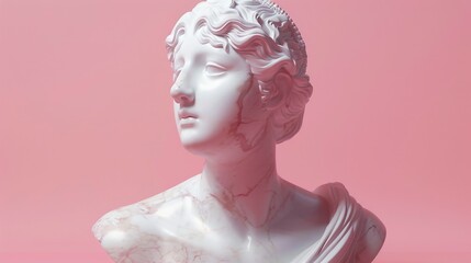 Female marble statue made of white marble, isolated pink background