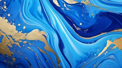 abstract  blue marble and gold background. The indigo ocean blue marbling is intricately swirled with golden powder, a luxurious and natural texture. The design exudes an opulent, modern vibe