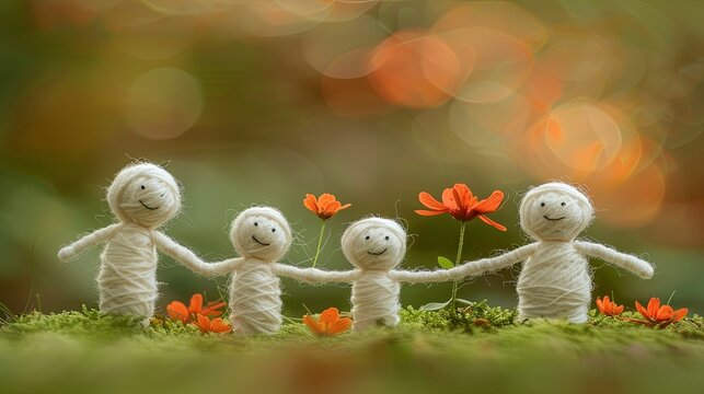Composition of four smiling dolls holding hands and symbolizing a family. The toys are made by winding threads. Handmade. The concept of equality, unity and friendship. Illustration for varied design.